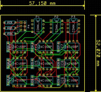 Ansicht des Boards. Oben rechts die 3 IC- Sockel, die mit den 3 Sockeln auf dem Hive verbunden werden. Darunter 3 Zeilen mit je einer EEPROM- Bank. Links oben der Jumperblock über den man die Adressen der Bänke wählen kann.