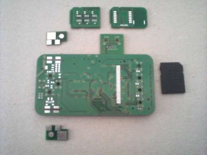 GBP-Board Propeller Seite, Ethernet-SD-Modul in der SD-Fassung auf dem GBP-Board liegend.<br />GBP-board LCD side, Ethernet-SD module in the SD-connector lying on the GBP-board.